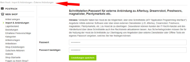 API-Keyword für externe Anbindungen vergeben und bestätigen