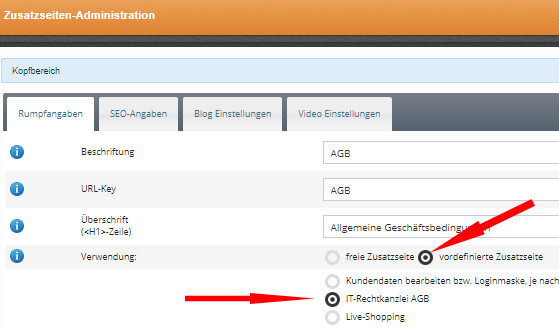 Änderung der Zusatzseite AGB auf vordefinierte Zusatzseite und Auswahl IT-Recht Kanzlei