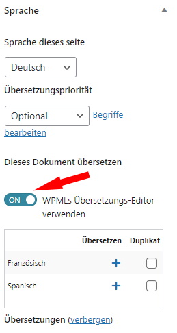 Aktivierung des WPML Editors zur Einbindung fremdsprachiger Texte in der Seitenleiste der deutschen AGB