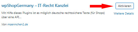 Aktivierung des wpShopGermany Plugins