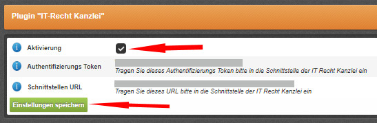 Aktivierung und Speicherung des Plugins IT-Recht Kanzlei bei Cosmoshop