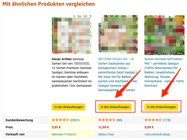 Amazon in-den-Warenkorbfunktion auf Übersichtsseite