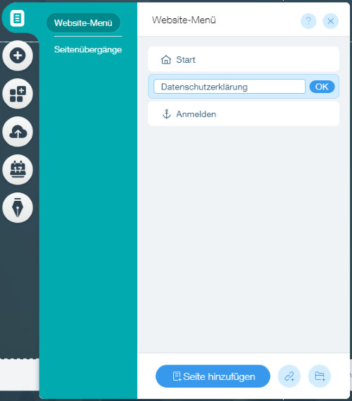 Anlage Seite Datenschutzerklärung bei Wix