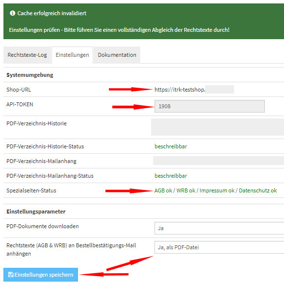 Ansicht Einstellungen beim AGB-Modul der IT-Recht Kanzlei im JTL Shop