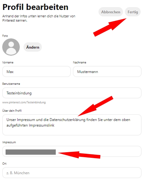 Ansicht Pinterest Profil bearbeiten