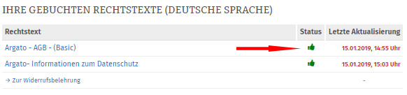 Ansicht argato-Rechtstexte nach der Konfiguration