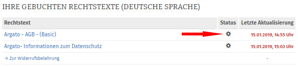 Ansicht argato-Rechtstexte vor der Konfiguration