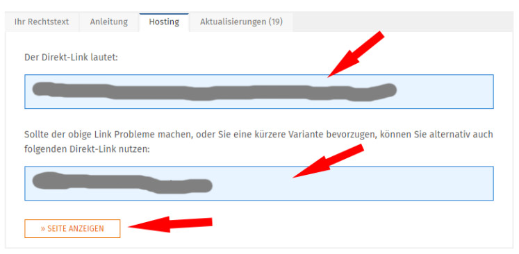 Ansicht der Direktlinks nach Klick auf Hosting