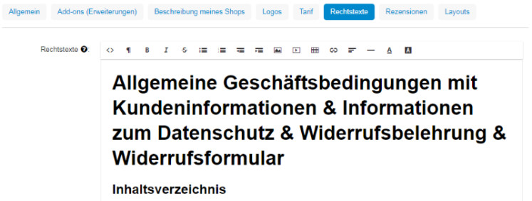 Ansicht der Rechtstexte nach Eingabe der Rechtstexte mit html copy & Paste