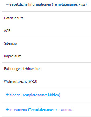 Ansicht gesetzliche Seiten unter Inhalte - eigene Seiten