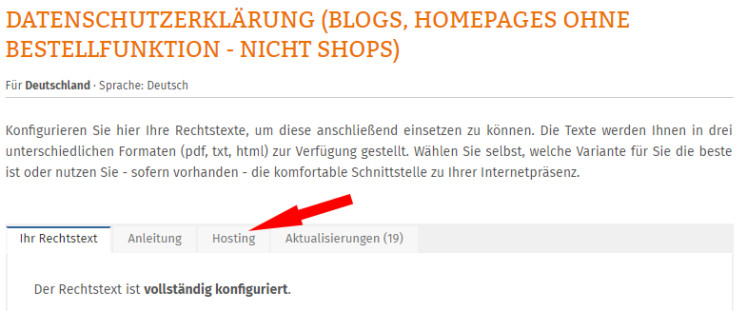 Ansicht nach Klick auf die Datenschutzerklärung