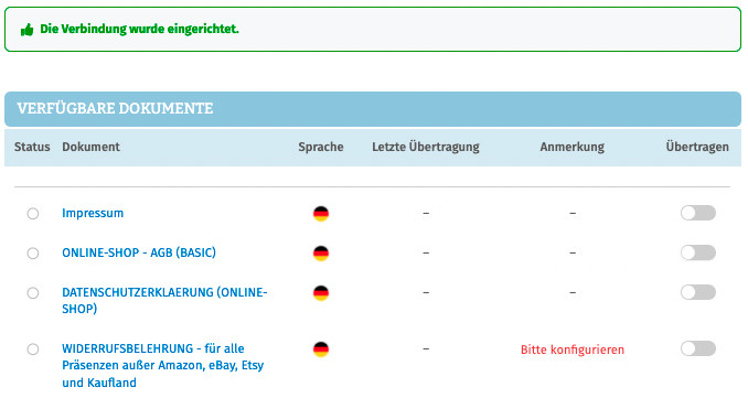 Ansicht verf&uuml;gbare Dokumente f&uuml;r die AGB-Schnittstelle der IT-Recht Kanzlei