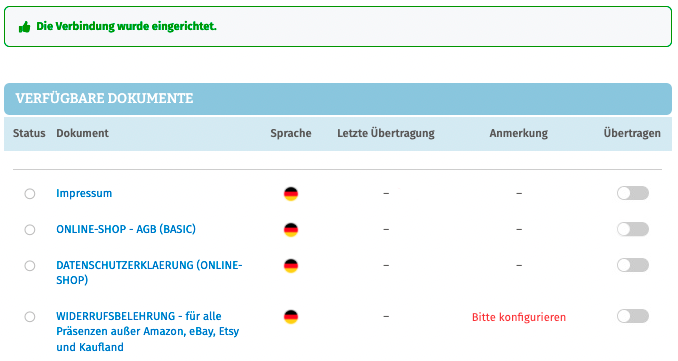 Ansicht verf&uuml;gbare Dokumente f&uuml;r die AGB-Schnittstelle der IT-Recht Kanzlei