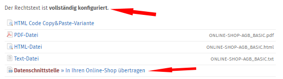 Ansicht verfügbare Formate, vollständig konfiguriert und Übertragung via Schnittstelle
