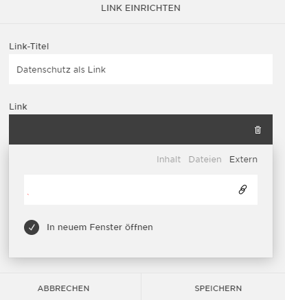 Ansicht vor dem Speichern des Hosting-Links