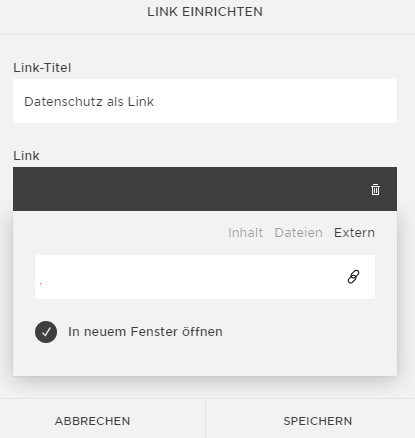 Ansicht vor dem Speichern des Hosting-Links