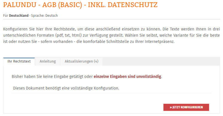 Anzeige Konfigurationsbedarf für die Palundu AGB