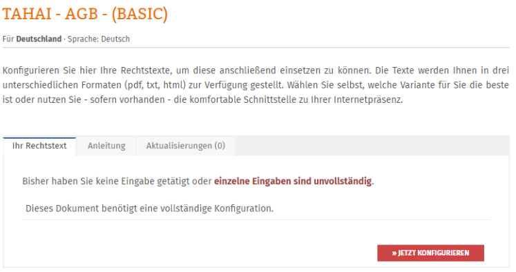 Anzeige bei Konfigurationsbedarf eines Tahai-Rechtstextes