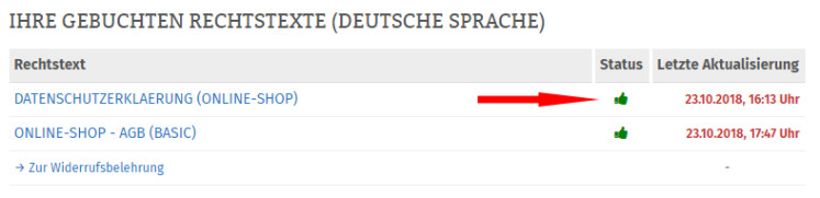 Anzeige bei den Onlineshop-AGB bei vollständiger Konfiguration