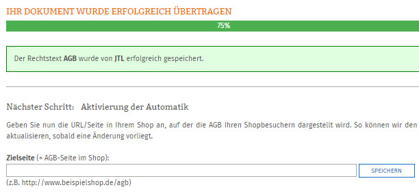 Anzeige nach erfolgreicher AGB-Übertragung