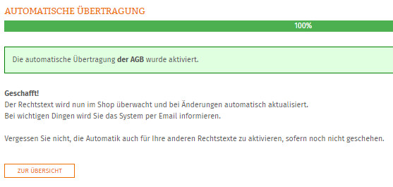 Anzeige nach erfolgreicher Einrichtung der AGB-Automatik