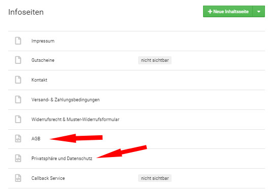 Auswahl AGB und Datenschutz für Einrichtung als Scriptseite bei Gambio