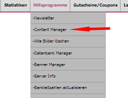 Auswahl Content Manager bei den Hilfsprogrammen bei modified ecommerce