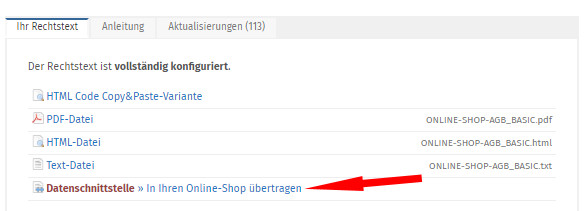 Auswahl Datenschnittstelle - in ihren Onlineshop übertragen