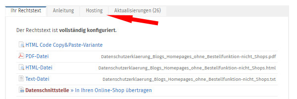 Auswahl Datenschutzerklärung und Auswahl Reiter Hosting