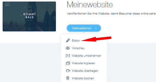 Auswahl Editor bei den Seitenaktionen im Wix-Dashboard