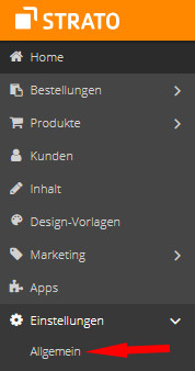 Auswahl Einstellungen - Allgemein im Strato Shop