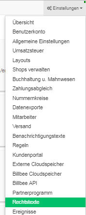 Auswahl Einstellungen - Rechtstexte bei Billbee