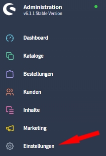 Auswahl Einstellungen in der Shopware 6 Navigation