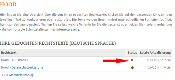 Auswahl Hood bei den gebuchten Rechtstexten