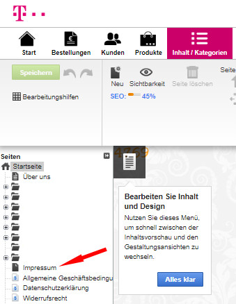 Auswahl Inhalt - Inhaltsvorschau - Impressum im Telekom Shop