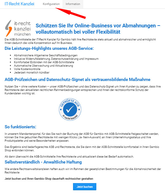 Auswahl Konfiguration bei der Gambio AGB-Schnittstelle
