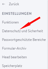 Auswahl Menüpunkt Datenschutz und Sicherheit bei Jimdo