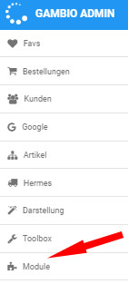 Auswahl Module im Gambio Menü