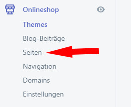 Auswahl Seiten im Shopify Admin-Bereich