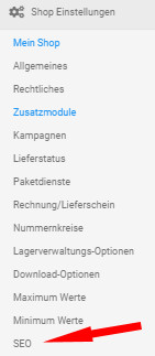 Auswahl Shopeinstellungen - SEO bei Gambio