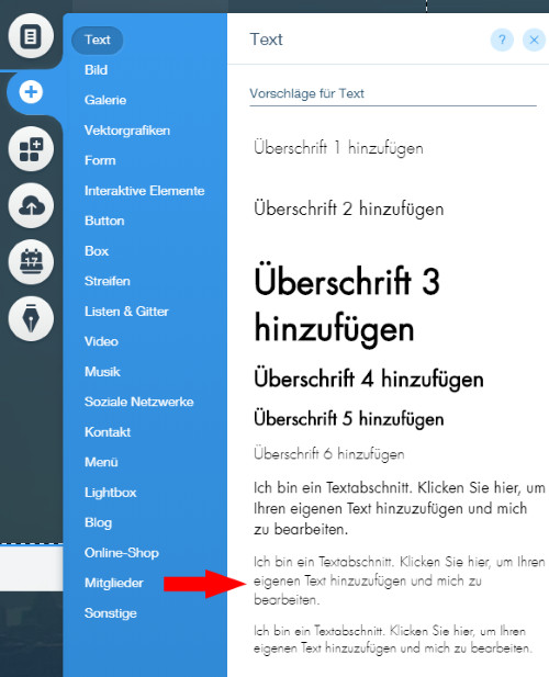 Auswahl Textabschnitt bei Wix