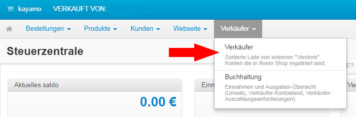 Auswahl Verkäuferkonto kayamo.eu