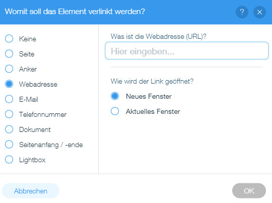 Auswahl Webadresse bei der Linksetzung bei Wix