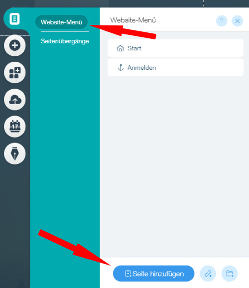 Auswahl Website-Menü und Seite hinzufügen