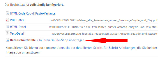 Auswahl Widerrufsbelehrung für Datenübertragung zu Prestashop
