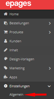 Auswahl der Men&uuml;punkte Einstellungen und Allgemein bei ePages