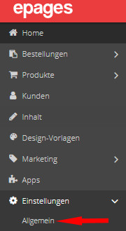 Auswahl der Menüpunkte Einstellungen und Allgemein bei ePages