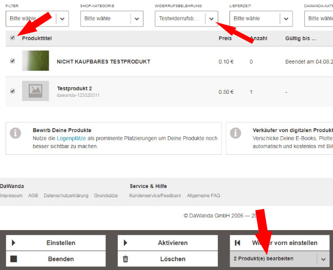 Auswahl der Produkte für die neue Widerrufsbelehrung