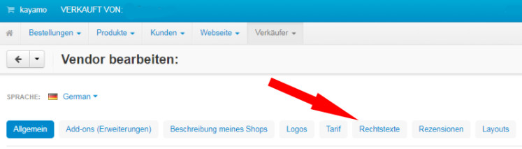 Auswahl der Rechtstexteseiten im kayamo-Händleraccount