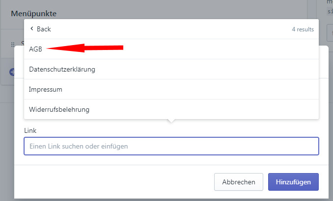 Auswahl der Seite AGB für das Fußzeilenmenü